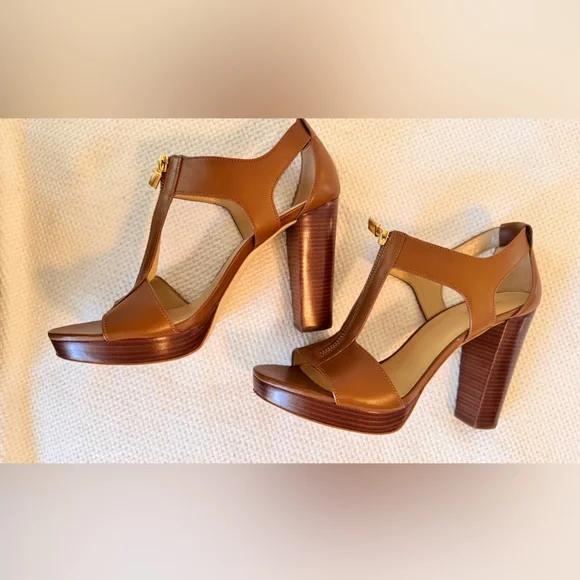MICHAEL KORS Berkley Tan Leather Block Heel Sandals Platform Heels Shoes - Picture 10 of 15